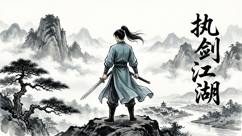 一幅中国水墨风格的武侠场景插画,画面中央是一位身着青衫的年轻剑客背对观众站立于山巅,远处层峦叠嶂云雾缭绕,近处有几株苍劲松树,山脚下隐约可见古镇与河流,画面右侧悬浮着“执剑江湖”四个毛笔字,整体布局采用竖版构图,主体居中人景交融,风格为传统国风水墨渲染,细节包括剑客衣袂飘动、松针细腻、云雾有层次渐变,画质高清干净无多余元素