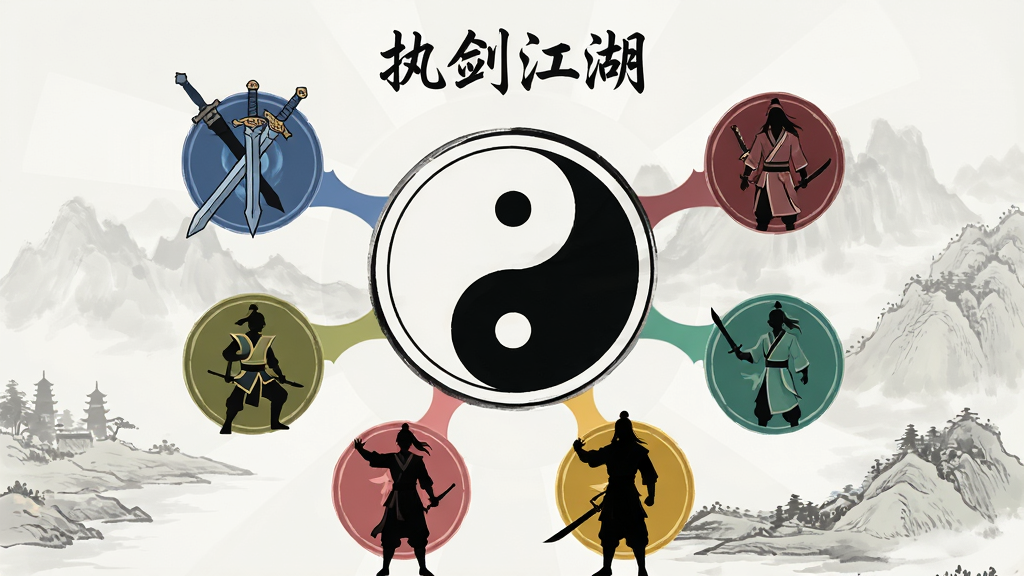 一幅展示“执剑江湖”门派选择的界面概念图,画面中央是一个圆形太极图案,周围环绕着六个不同颜色的门派徽章,每个徽章下方有一位代表该门派的角色剪影,背景是淡淡的山水墨迹,布局采用对称放射状,风格为扁平化国风UI插画,细节包括徽章上的武器图案、角色剪影的服饰特征,画质高清干净无多余元素