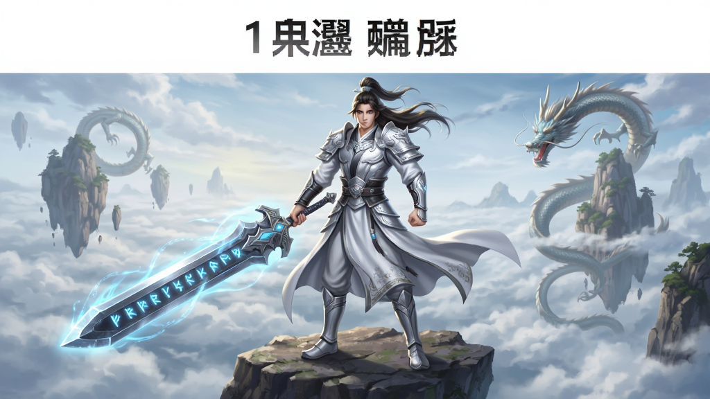 画面主体为一名身穿银白战甲的玄幻剑客,手持发光巨剑立于悬崖之巅,背景是浩瀚云海与悬浮仙山,布局采用居中构图突出人物,排版上方留白用于标题文字,风格为东方玄幻CG插画,细节包括剑身符文流转、衣袂随风飘动、远处有巨龙盘旋,画质4K高清,画面干净无多余元素