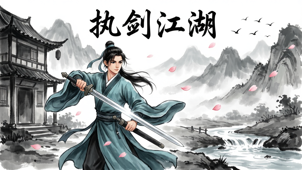 一幅国风水墨风格的武侠场景插画,画面中央是一位身着青衫、手持长剑的年轻侠客,背景是层峦叠嶂的远山与飘落的桃花瓣,左侧有一座古色古香的客栈,右侧是潺潺溪流,整体布局采用三分法构图,人物位于视觉中心偏左,风格为传统中国水墨画融合现代数字绘画,细节包括剑身上的寒光、衣袂飘动的褶皱、远处飞鸟的剪影,画质高清,画面干净,无多余元素,图片上方用行书字体写着“执剑江湖”四个字