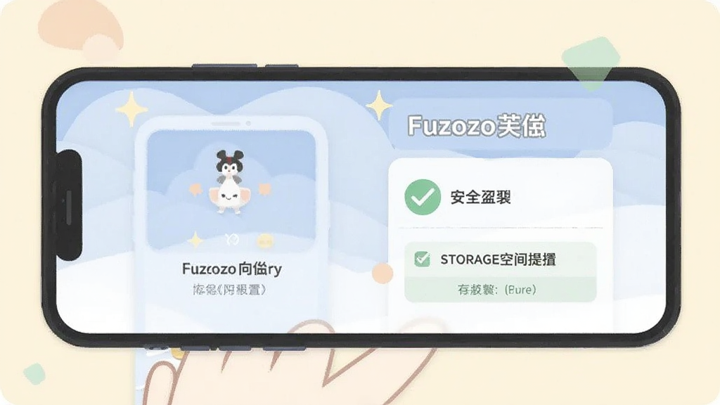Fuzozo芙崽在手机屏幕上显示安装向导界面,旁边有勾选权限的图标和存储空间提示,画面采用扁平化插画风格,色彩柔和,突出安全安装与权限设置主题,画质清晰干净