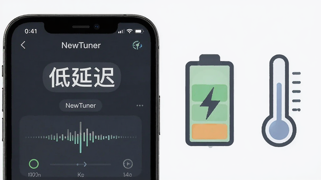 手机屏幕显示NewTuner运行中的调音界面,屏幕上方有“低延迟”文字标识,手机旁边有一块电量充足的电池图标和温度计图标,布局为左右对比,风格为信息图风格,细节包含图标简洁和颜色柔和,画质高清,干净,无多余元素