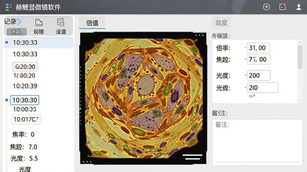 赫鲤显微镜软件观察记录界面截图,画面展示一张已保存的细胞观察截图,旁边附带倍率、焦距与亮度等参数信息,布局为左侧记录列表、右侧详情展示,排版简洁明了,风格为学习工具类应用界面,细节包含时间戳与备注输入框,画质高清,干净,无多余元素