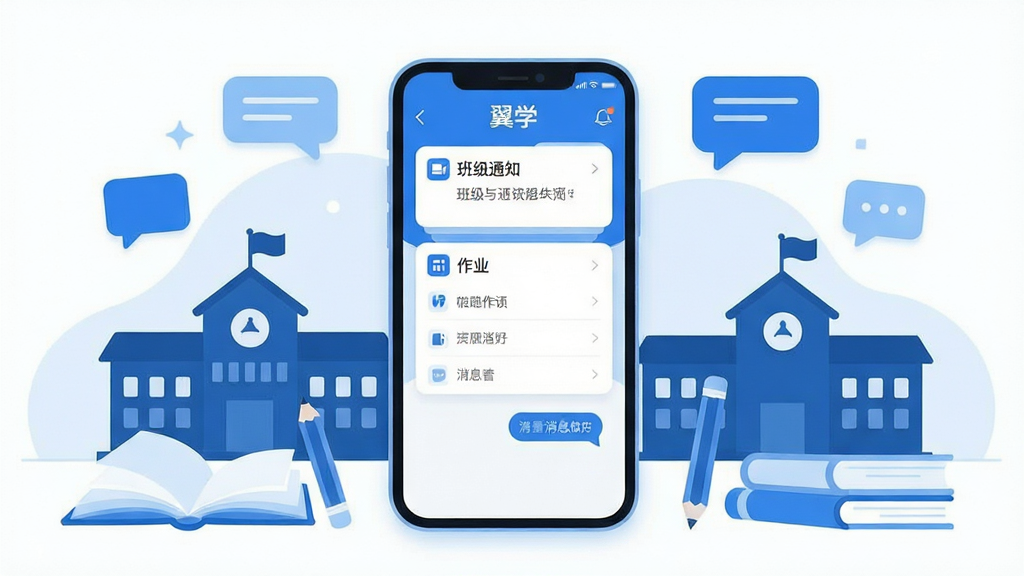 整体画面以蓝白色调为主,中央放置一部智能手机,手机屏幕内展示翼学应用的主界面,界面中有班级通知、作业列表、消息对话等模块,周围环绕学校建筑剪影、书本、铅笔、对话气泡等教育元素,布局采用居中对称式,排版简洁清晰,风格为现代扁平化UI插画,细节上强调图标圆润与卡片分层,画质高清,画面干净,无多余元素