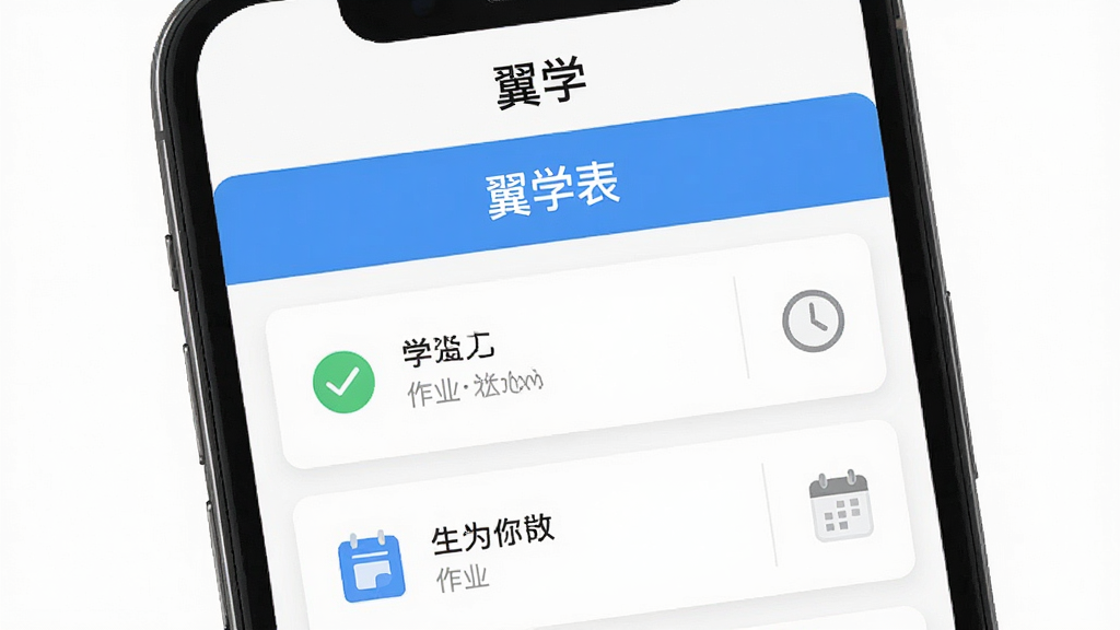 画面主体为手机屏幕展示翼学作业列表界面,屏幕上方有“翼学”字样,布局采用上下结构,上方为标题栏、下方为作业卡片列表,排版整齐,风格为清爽扁平UI风格,细节包含对勾图标、时钟图标、日历图标,画质高清,画面干净,无多余元素