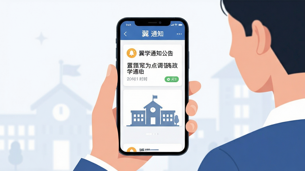 画面主体为一位家长在手机上查看翼学通知公告的界面,屏幕中显示置顶通知卡片与已读回执标识,布局采用中心聚焦式,排版突出通知标题与时间,风格为简约商务插画,细节包含铃铛图标、信封图标、学校建筑剪影,画质高清,画面干净,无多余元素