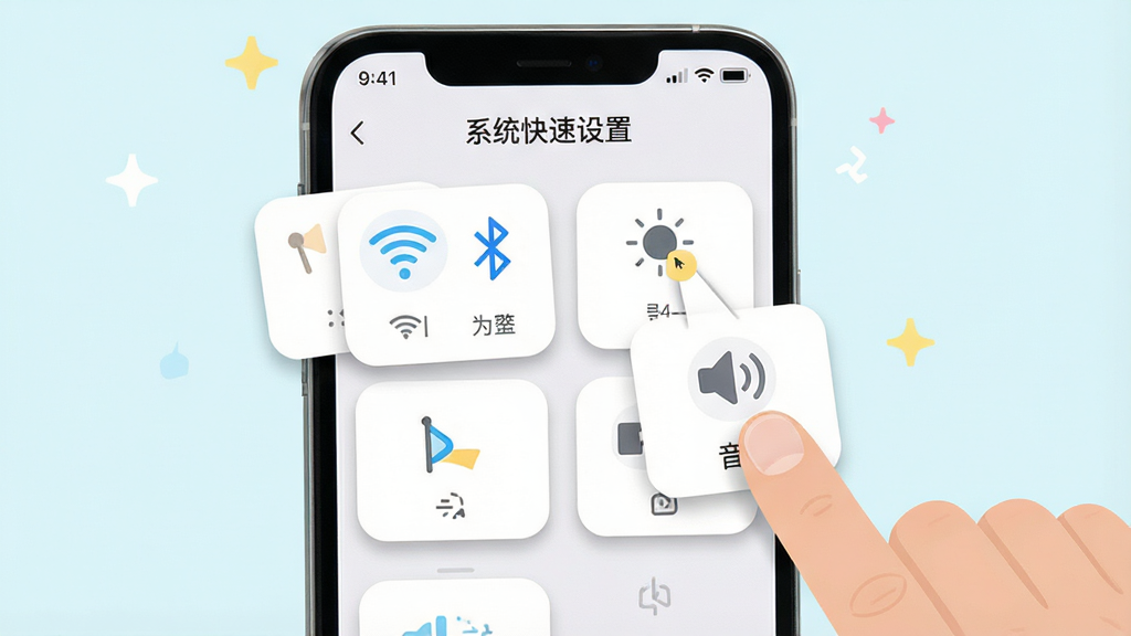 一张以“系统快速设置”个性化定制功能为主题的AI生图,画面中展示一部手机屏幕上的“系统快速设置”应用界面,界面中多个功能模块以卡片形式排列,用户可以拖动排序,卡片上有WiFi、蓝牙、亮度、音量等图标,手机旁边有手指拖拽卡片的示意动作,布局为居中展示,排版活泼,风格为清新浅色扁平风,细节上卡片有阴影和圆角,画质高清,干净无多余元素
