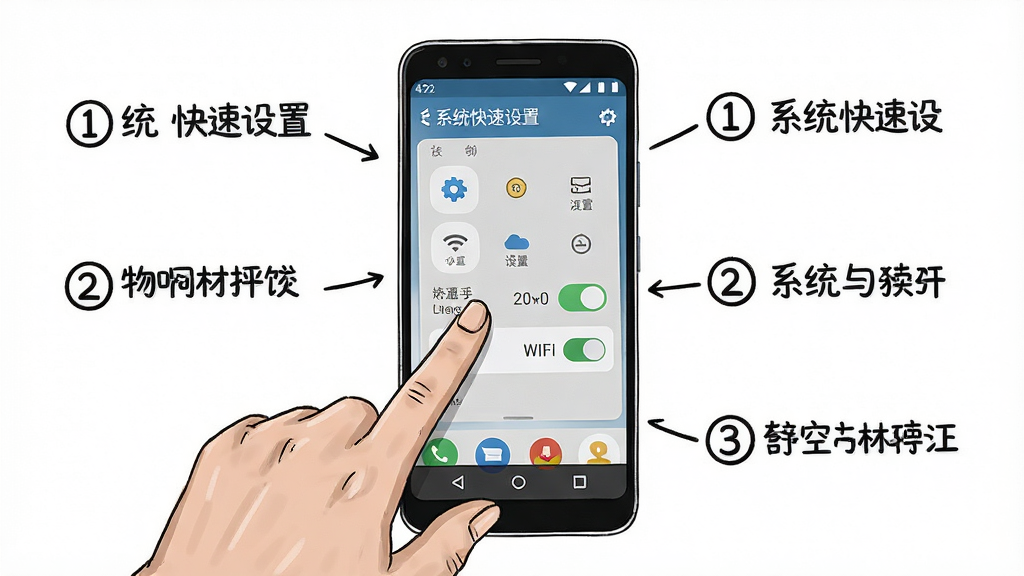 一张以“系统快速设置”使用教程为主题的AI生图,画面中一部安卓手机屏幕展示“系统快速设置”APP的操作界面,一只手正在点击屏幕上的WiFi开关图标,手机旁边有步骤序号①②③的标注,布局为手机居中、步骤围绕,排版清晰,风格为手绘教程风,细节上手机界面清晰可见,画质高清,干净无多余元素