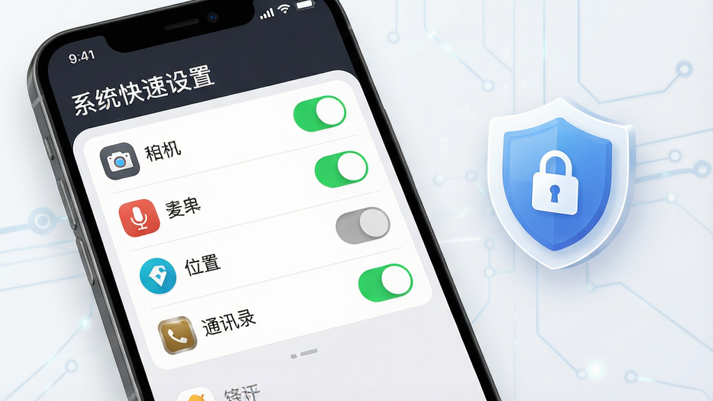 一张以“系统快速设置”权限管理功能为主题的手机截图风格图片,画面中一部手机屏幕展示“系统快速设置”的权限管理页面,页面中列出相机、麦克风、位置、通讯录等权限开关,每个权限旁边有应用图标和开关按钮,手机右侧漂浮着盾牌和锁的图标,布局为左右结构,排版清晰,风格为现代简约科技风,细节上开关按钮有绿色和灰色状态,画质高清,干净无多余元素