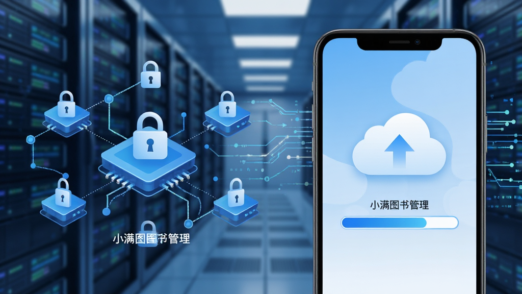 一张展示数据备份与恢复概念的图片,主体为手机屏幕显示云朵图标和上传进度条,背景是抽象的服务器机房或数据流线条,布局为手机位于画面右侧,左侧是数据备份示意图,风格为科技未来感,细节包括数据节点和加密锁图标,画质高清,色彩以蓝白为主,干净简洁,画面中带有“小满图书管理”文字