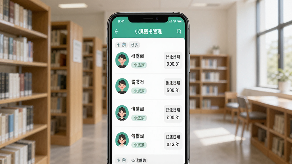 一部手机屏幕显示小满图书管理的借阅记录列表,画面中包含借阅人头像、书名和归还日期倒计时,背景是图书馆的一角,布局为手机竖屏展示,风格为整洁办公风,细节包括状态标签和日历图标,画质清晰,光线明亮,画面中带有“小满图书管理”文字