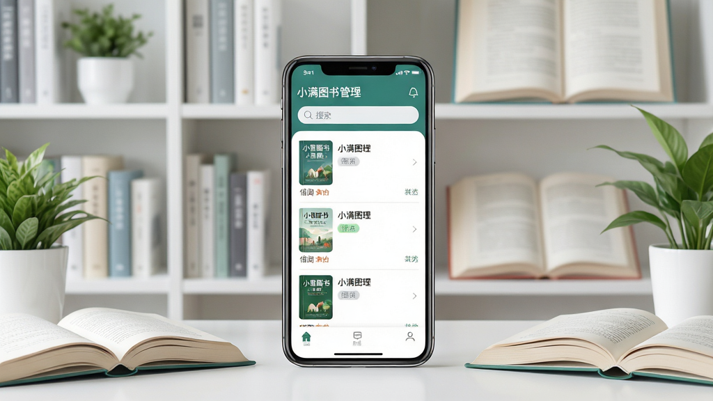 一张展示小满图书管理软件界面的场景图,主体为一部智能手机屏幕显示图书列表和分类标签,背景是整洁的书架和几本翻开的书籍,布局采用中心对称构图,手机放置在画面中央,四周环绕着书籍和绿植,风格为现代简约科技风,细节包括清晰的图书封面缩略图、借阅状态标签和搜索栏,画质高清,干净明亮,无多余元素,画面中带有文字“小满图书管理”