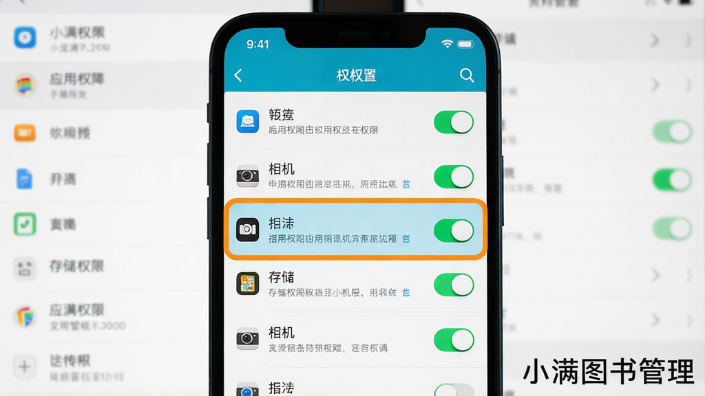 一张展示手机权限设置界面的图片,主体为手机屏幕显示应用权限管理列表,其中相机和存储权限被高亮标注,背景是模糊的手机设置菜单,布局为手机居中特写,风格为实用教程风,细节包括权限开关按钮和说明文字,画质清晰,画面中带有“小满图书管理”文字