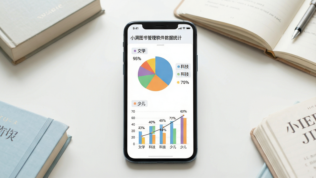 一张展示小满图书管理软件数据统计页面的图片,主体为手机屏幕显示彩色饼状图和柱状图,图表旁标注“文学”、“科技”、“少儿”等分类标签,背景是干净的书桌和笔记本,布局为手机居中,四周散落几本书,风格为清新数据可视化风,细节包括清晰的图表刻度和百分比数字,画质高清,色调柔和,无多余元素