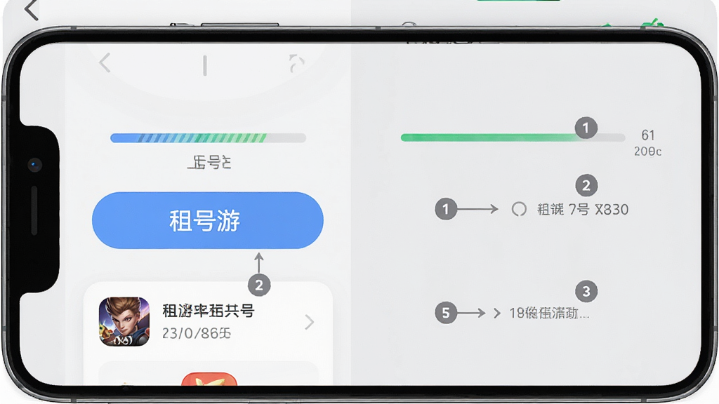 一张展示租号游一键上号操作流程的界面截图,画面中手机屏幕显示