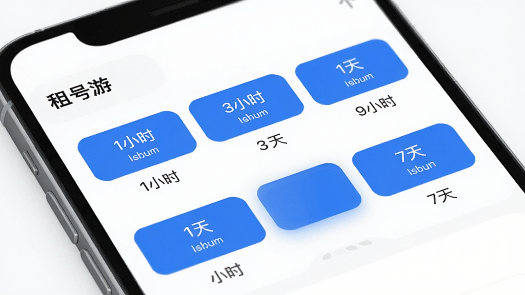 一张展示租号游租赁时长选择界面的UI设计图,画面中手机屏幕上显示