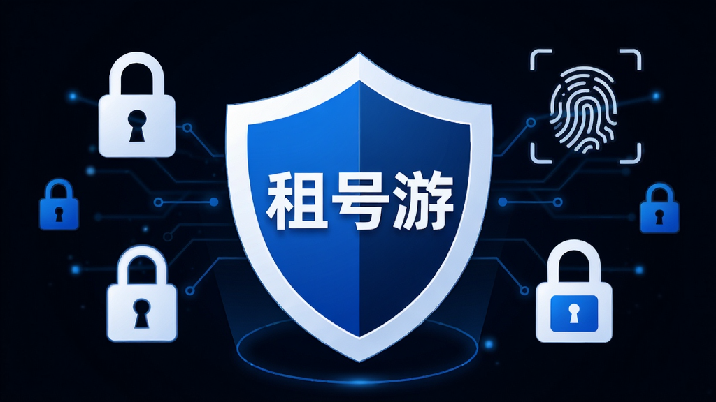 一幅展示租号游安全防护功能的示意图,画面中央是一个盾牌图标,盾牌上写有