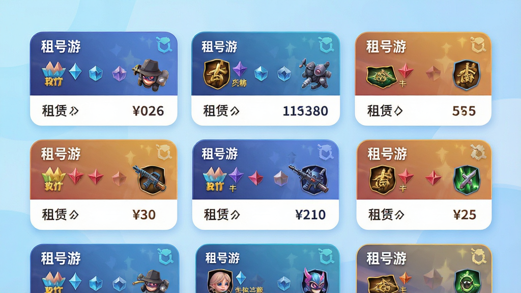 一幅展示租号游平台账号列表页面的插画,画面中整齐排列着多个游戏账号卡片,每张卡片上标注游戏名称