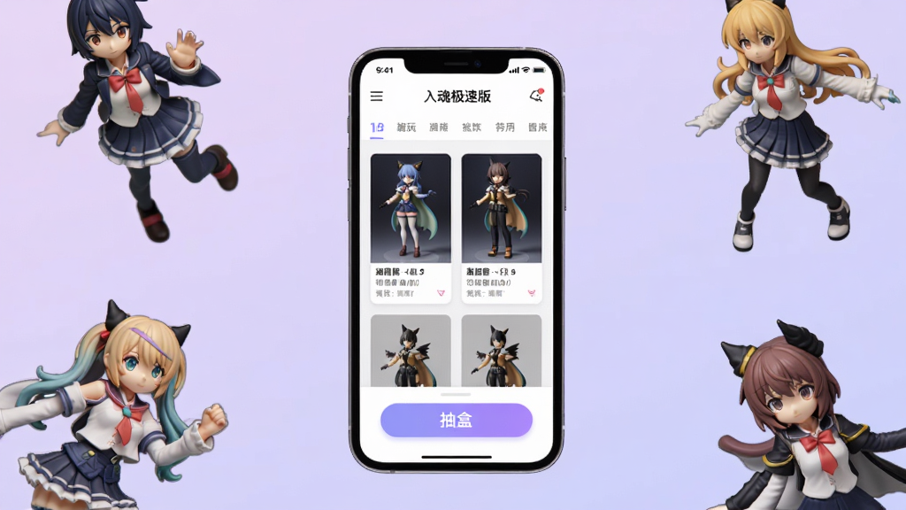 入魂极速版应用主界面展示,画面中央摆放一台智能手机,手机屏幕显示潮玩盲盒商城首页,包含手办展示区和抽盒按钮,周围散落几个精致的动漫手办模型作为装饰,背景为柔和的浅紫色渐变,整体布局简洁清晰,风格偏向二次元电商视觉,细节上突出手机屏幕内的商品卡片与导航栏,画质高清干净,无多余杂乱元素