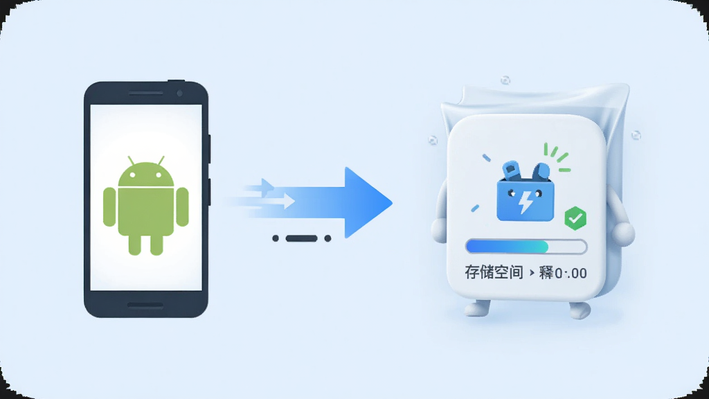 入魂极速版轻量安装概念图,画面左侧展示一个简洁的安卓手机图标,右侧是一个体积轻盈的软件安装包拟物化形象,中间用箭头连接表示快速安装,背景为干净的浅蓝色,布局左右对称,风格扁平化科技感,细节上突出安装进度条与存储空间释放的视觉符号,画质清晰锐利,无多余装饰元素