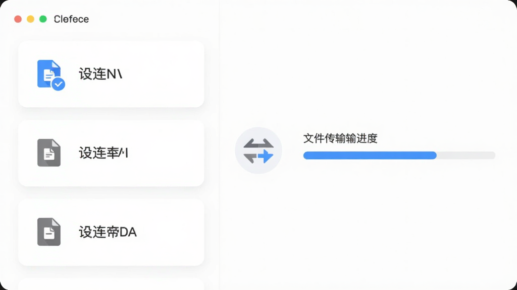 画面展示连连控多设备管理界面,左侧为设备列表卡片,右侧为文件传输进度条,中间有双向箭头图标,背景为白色简约风格,布局清晰,细节包括文件图标、设备名称标签,画质干净,无多余元素