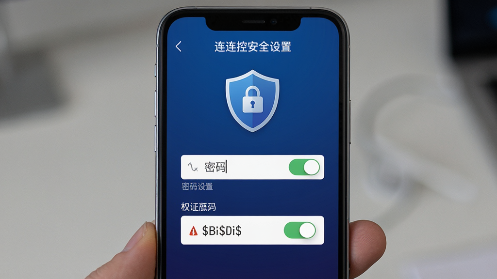 手机屏幕显示连连控安全设置页面,画面中有盾牌图标、加密锁标识和权限开关按钮,背景为深蓝色渐变,布局居中,风格安全稳重,细节包括密码输入框、验证码区域,画质清晰,无多余元素