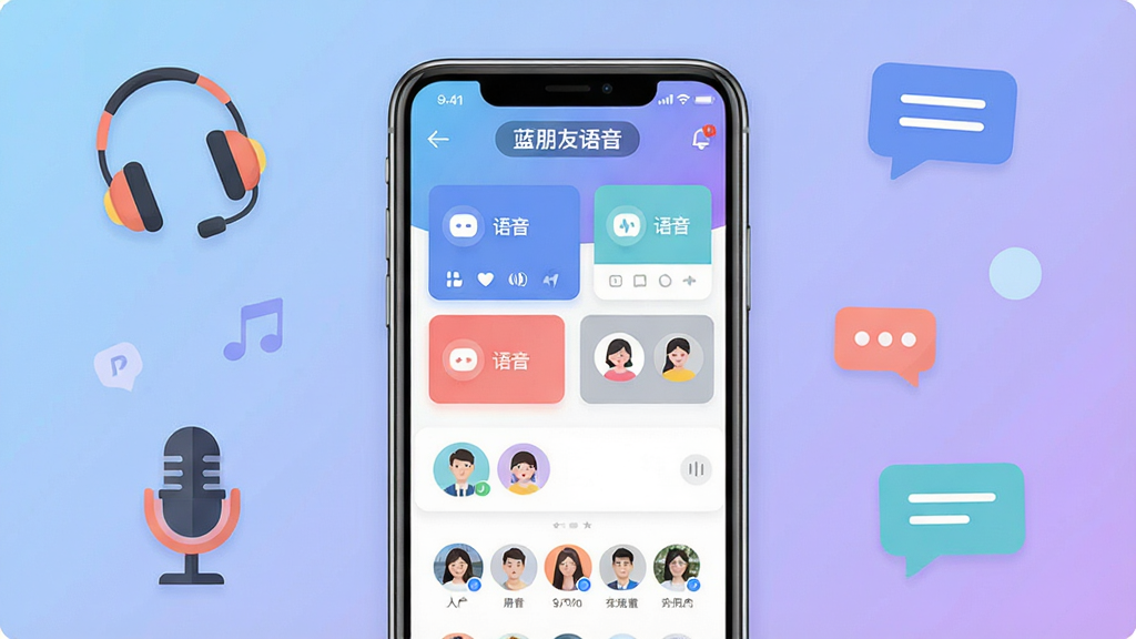一张手机屏幕展示语音社交应用界面的图片,画面中央是手机,屏幕上显示“蓝朋友语音”应用主界面,界面中有多个语音房间卡片和在线用户头像,背景是柔和的蓝紫色渐变,周围环绕着耳机、麦克风、聊天气泡等社交元素图标,整体风格清新现代,扁平化设计,色彩明快,画质清晰,干净整洁,无多余杂乱元素