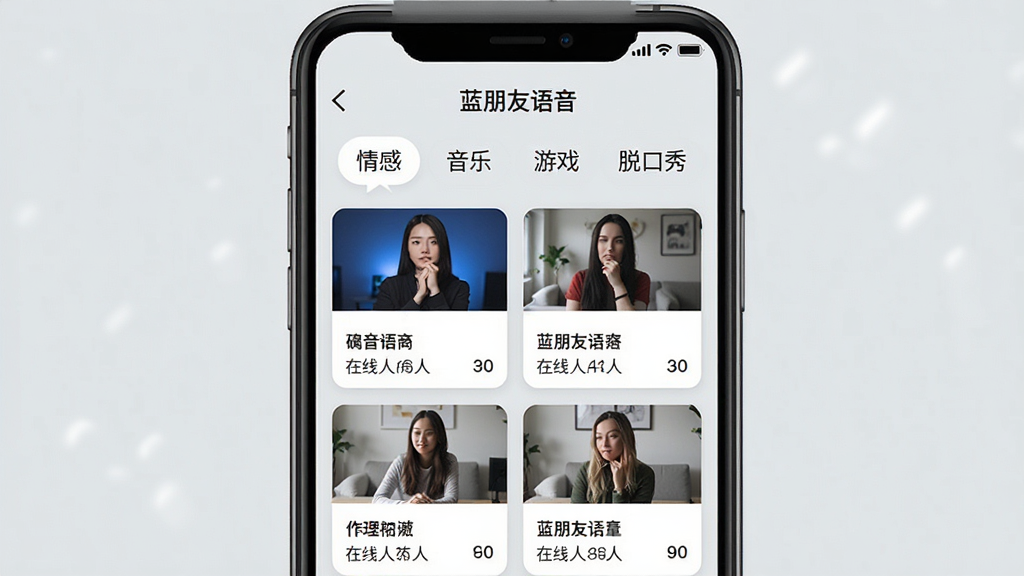 一张展示语音房间分类界面的手机应用截图风格图片,画面中手机屏幕显示“蓝朋友语音”的房间列表页面,上方有情感、音乐、游戏、脱口秀等分类标签,下方是多个房间卡片,每个卡片上有房间名称和在线人数,背景是浅灰色,整体风格简约商务,排版整齐,画质清晰,干净无杂物