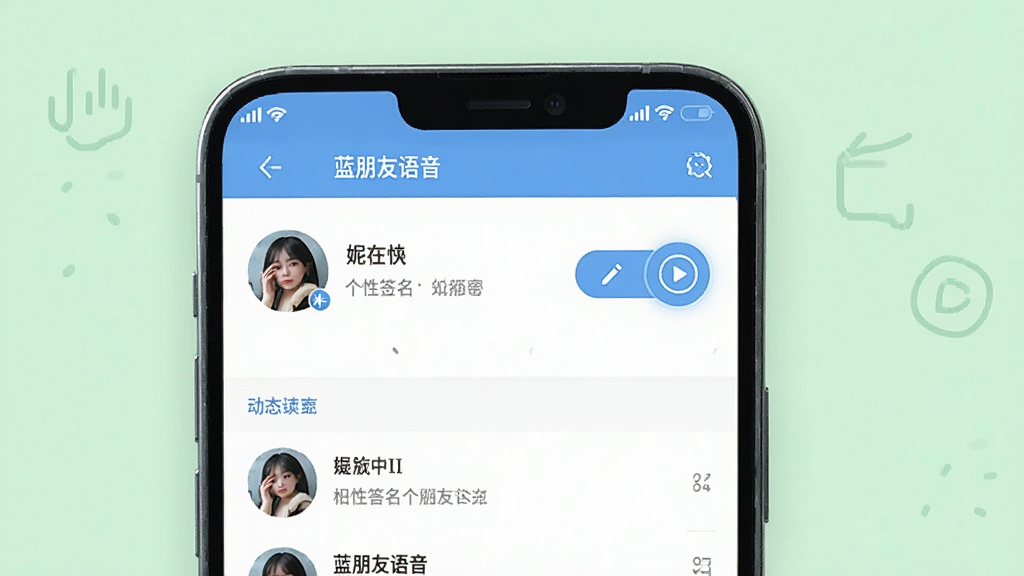 一张展示个人主页和动态发布界面的手机应用图片,画面中手机屏幕显示“蓝朋友语音”的个人资料页面,包含头像、昵称、个性签名和动态列表,旁边有编辑按钮和语音简介播放图标,背景是浅绿色,风格清新浅色,排版简洁,画质清晰,干净无杂乱元素