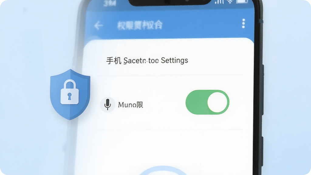 一张展示手机安全设置和权限管理界面的示意图,画面中手机屏幕显示应用权限管理页面,麦克风权限开关处于开启状态,旁边有盾牌和锁的图标象征安全防护,背景是浅蓝色,风格简约商务,排版清晰,画质干净,无多余元素