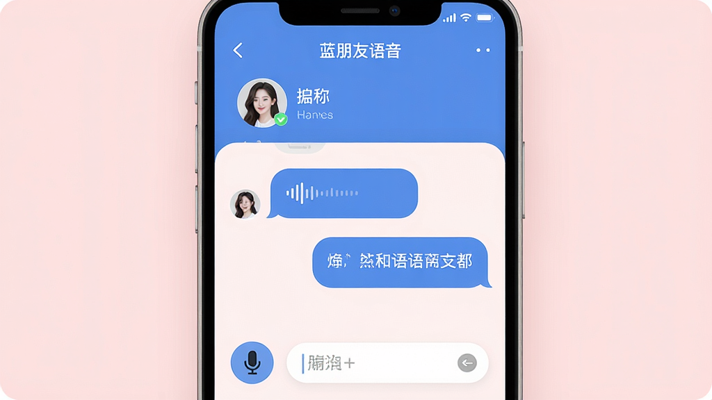 一张展示一对一私密语音聊天界面的手机应用图片,画面中手机屏幕显示“蓝朋友语音”的私聊窗口,上方是对方头像和昵称,中间是语音消息气泡和文字对话,下方有麦克风和输入框,背景是淡粉色,风格柔和圆角,细节精致,画质清晰,干净整洁,无多余装饰