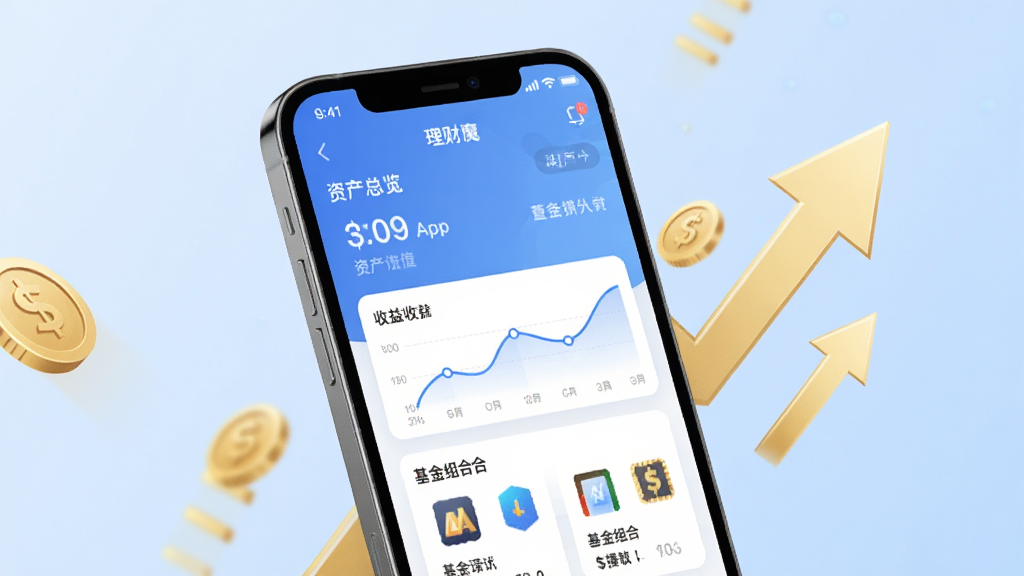 一张展示理财魔方APP首页界面的手机样机图,手机屏幕中显示资产总览、收益曲线和基金组合推荐卡片,背景为简洁的浅蓝色渐变,周围点缀金色金币和上升箭头元素,风格现代科技感,细节清晰,画质高清,干净无多余元素