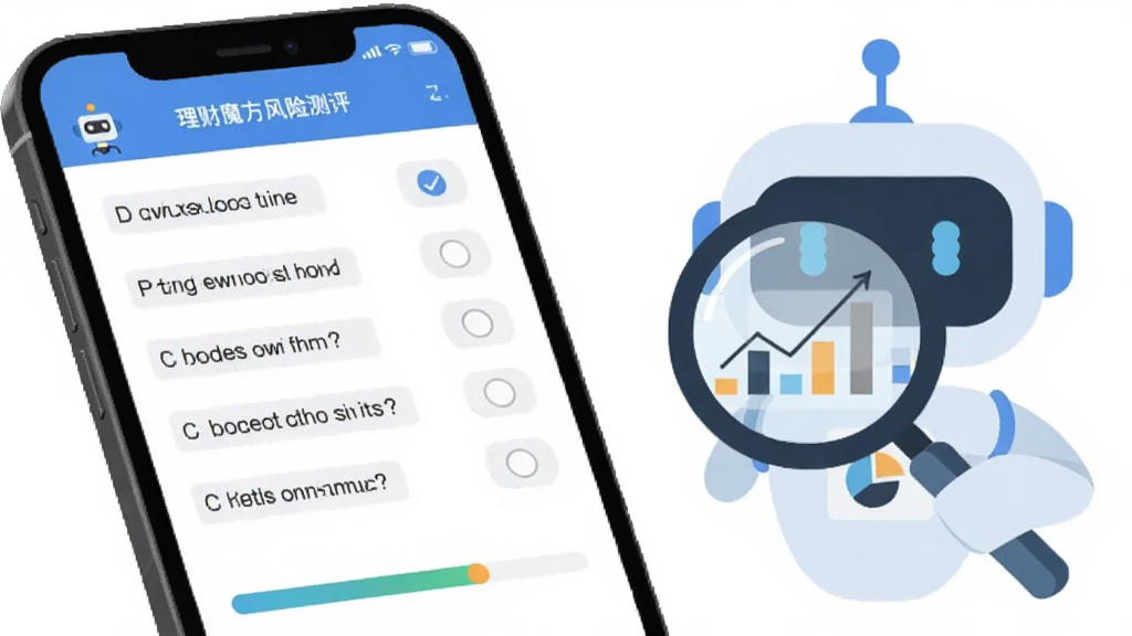 理财魔方APP风险测评界面截图,手机屏幕显示多道风险测评选择题和进度条,旁边有一个机器人图标手持放大镜分析数据图表,背景白色简洁,风格扁平化,画质清晰,无多余元素