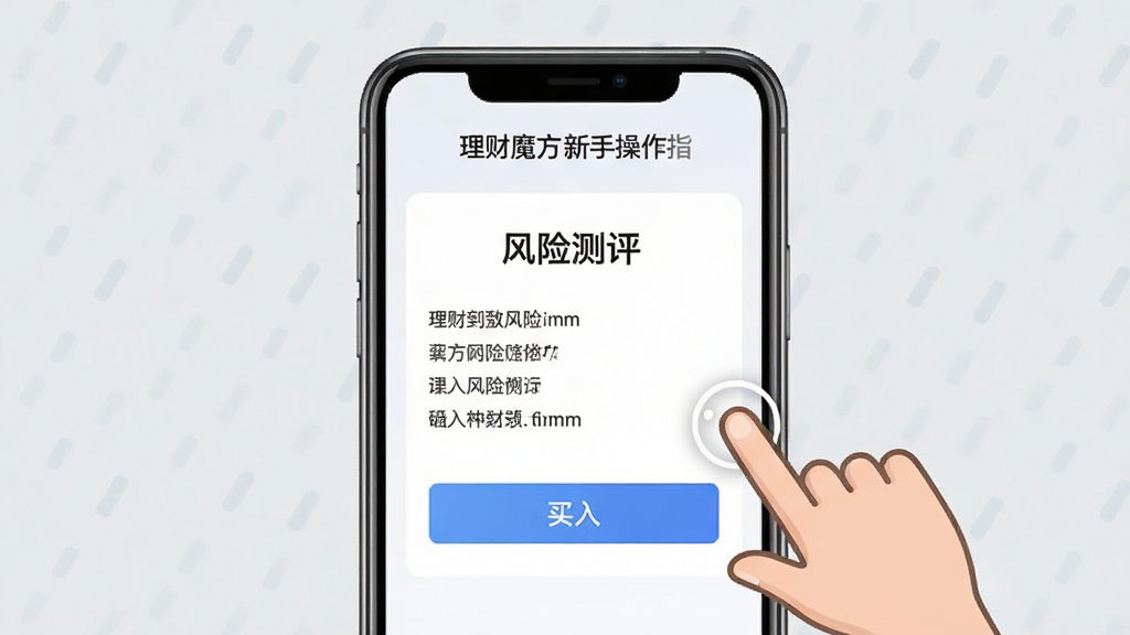 理财魔方新手操作指引图,手机屏幕显示风险测评页面和买入按钮,旁边有手指点击的动画示意,背景为浅灰色,风格简洁明快,画质清晰,无多余元素