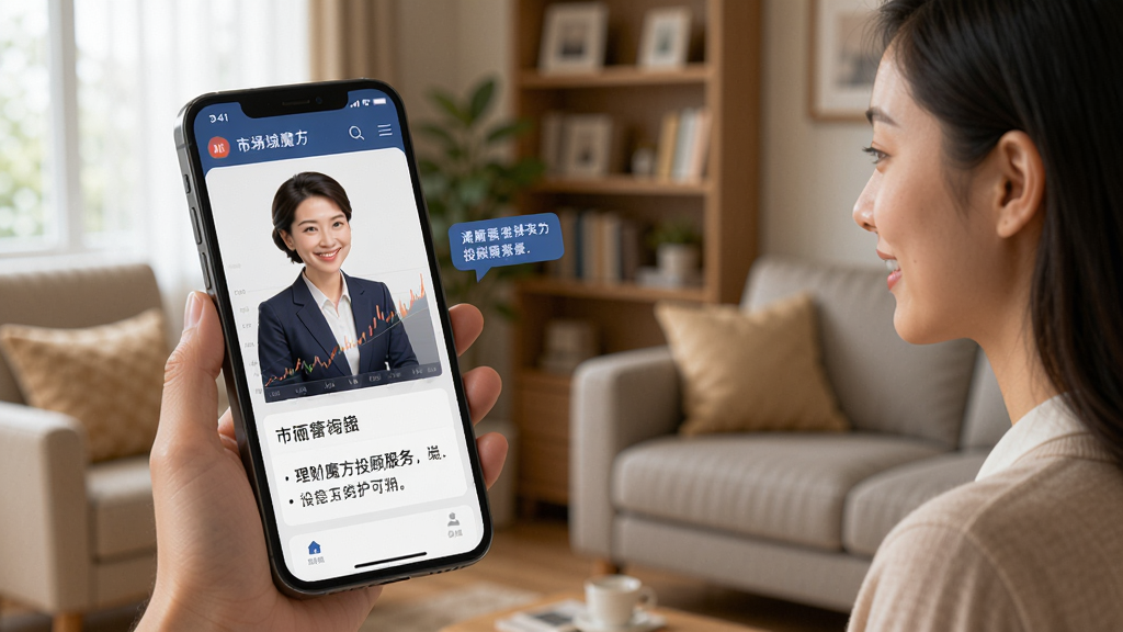 理财魔方投顾服务场景图,一位专业顾问形象在手机屏幕中与用户对话,屏幕显示市场行情图表和文字解读,背景为温馨的室内环境,风格亲切专业,画质高清,干净无杂乱元素