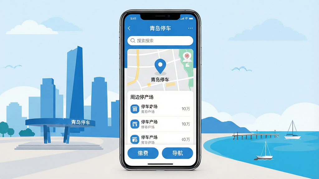 画面主体是一部智能手机,屏幕显示“青岛停车”APP主界面,界面布局清晰,上方有搜索框,中间是地图定位图标与周边停车场列表,下方有缴费与导航按钮。背景为青岛城市剪影,包含五四广场与海边风景。整体风格为扁平化科技风,色彩以蓝色和白色为主,画面干净整洁,无多余杂物,画质高清,文字清晰可见,排版居中展示。