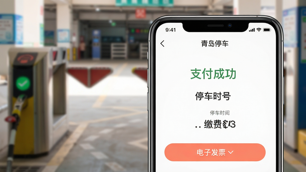 画面主体是手机屏幕特写,显示“青岛停车”APP支付成功页面,页面元素包含车牌号、停车时长、缴费金额与电子发票按钮。背景为模糊的停车场出口闸机。风格为UI界面展示风,色彩柔和,排版整齐,重点突出“支付成功”字样,画质清晰,画面干净无多余装饰。