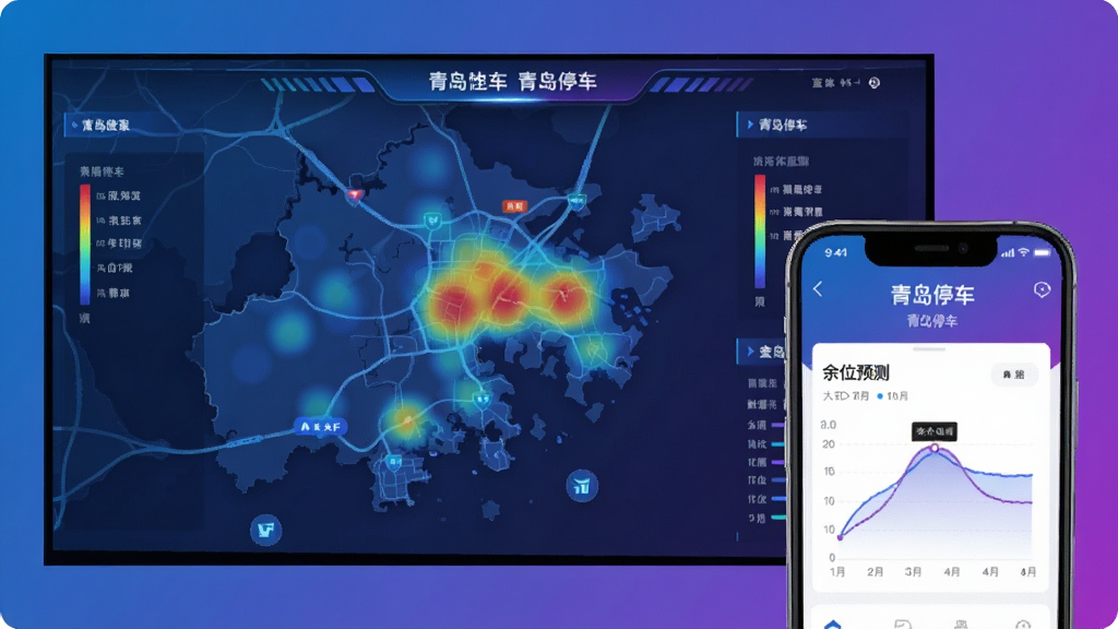 画面主体是一个数据可视化大屏与手机APP结合的构图,大屏显示青岛地图与热力图,手机屏幕显示“青岛停车”APP的余位预测曲线图。风格为科技数据风,色彩以蓝紫渐变为主,画面充满未来感,细节清晰,文字标注明确,画质干净锐利。