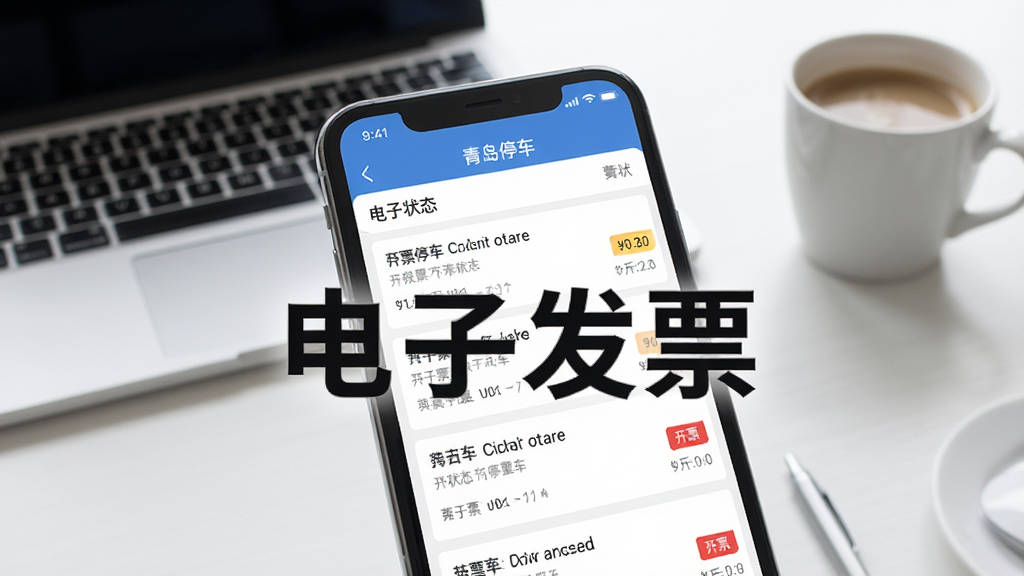 画面主体是手机屏幕展示“青岛停车”APP的电子发票列表界面,界面中显示多条停车订单与开票状态。背景是整洁的办公桌面,有笔记本电脑与咖啡杯。风格为商务简约风,色调以白灰为主,排版清晰,重点突出“电子发票”文字,画质高清,无杂乱元素。