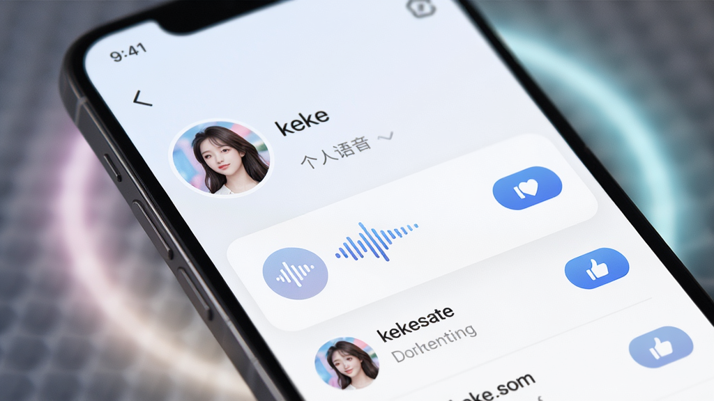 手机屏幕特写,显示keke语音的个人主页和语音动态列表,有圆形头像、语音波形图标和点赞按钮,周围有柔和的光效,风格清新时尚,排版整齐,画质清晰,无杂乱元素