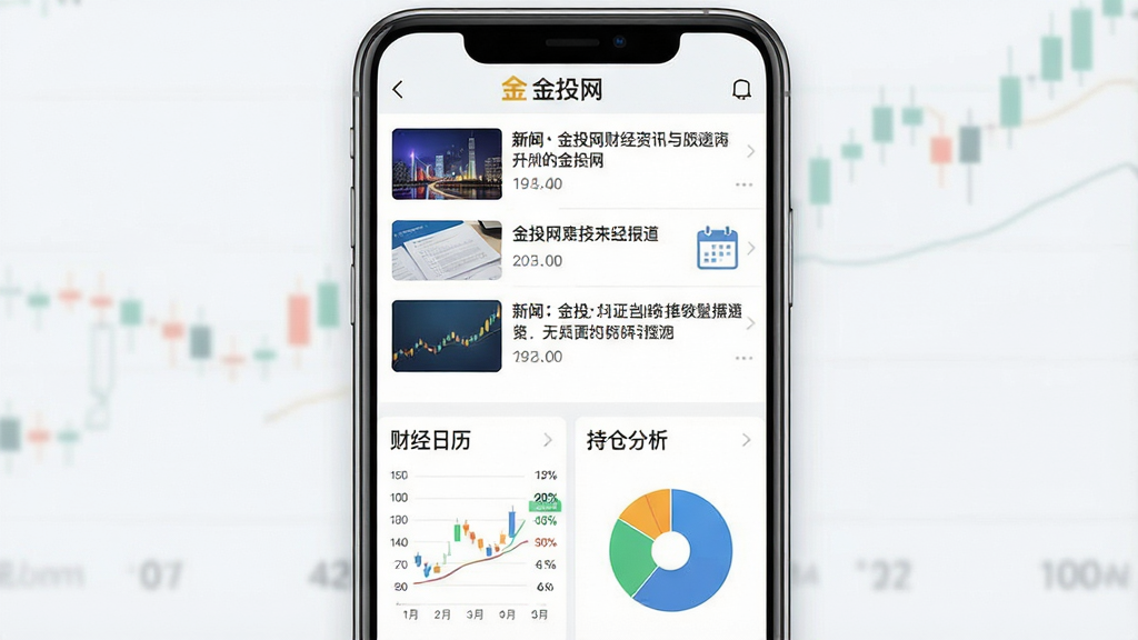 一张展示金投网财经资讯与工具界面的图片。主体为手机屏幕,屏幕上半部分显示新闻资讯列表,下半部分显示财经日历和持仓分析图表。布局为上下分栏。排版整齐,顶部有“金投网”标题栏。风格为清爽浅色UI。细节包括新闻缩略图、日历图标、饼状图。画质高清,干净,无多余元素。