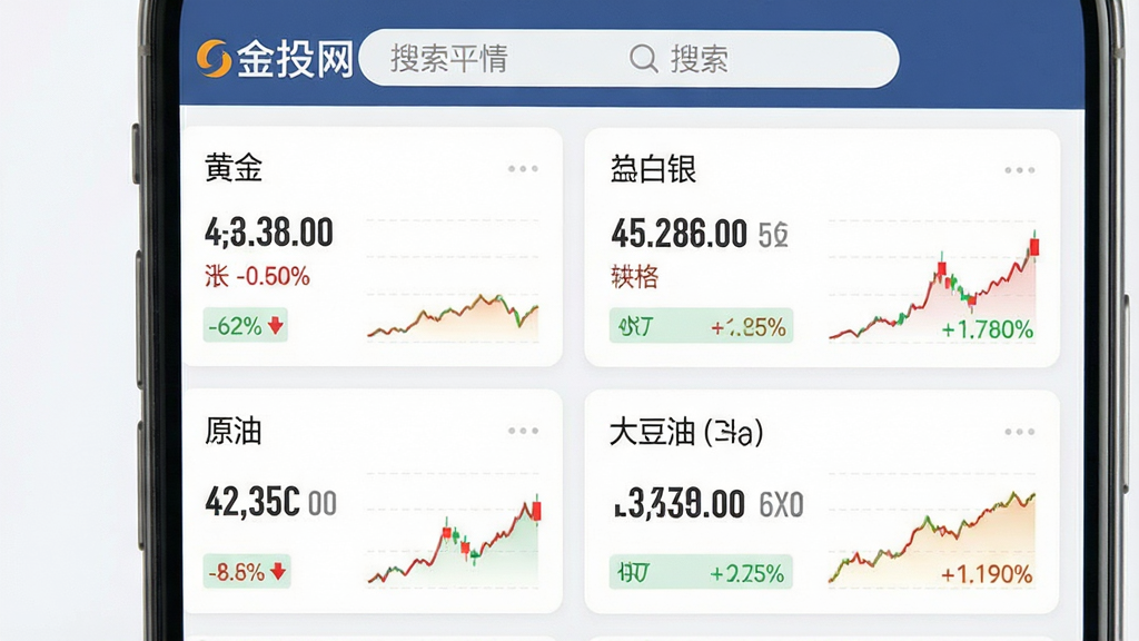 一张展示金投网实时行情功能界面的图片。主体为手机屏幕,屏幕内显示多个行情品种卡片,包括黄金、白银、原油、大豆油,每个卡片有价格数字和涨跌百分比。布局为卡片式网格排列。排版清晰,顶部有搜索栏和“金投网”标识。风格为扁平化金融APP界面。细节包括红绿涨跌色块、迷你走势图。画质高清,干净,无多余元素。