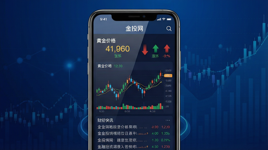 一张展示金融投资行情软件整体界面的图片。主体为一部智能手机,屏幕上显示金投网软件首页,包含黄金价格数字、涨跌箭头、K线缩略图与财经快讯列表。布局为手机居中放置,背景为深蓝色渐变金融风格。排版上手机屏幕内容清晰可见,顶部有“金投网”字样。风格为现代科技感UI设计。细节包括屏幕反光、数据图表色彩分明。画质高清,干净,无多余元素。