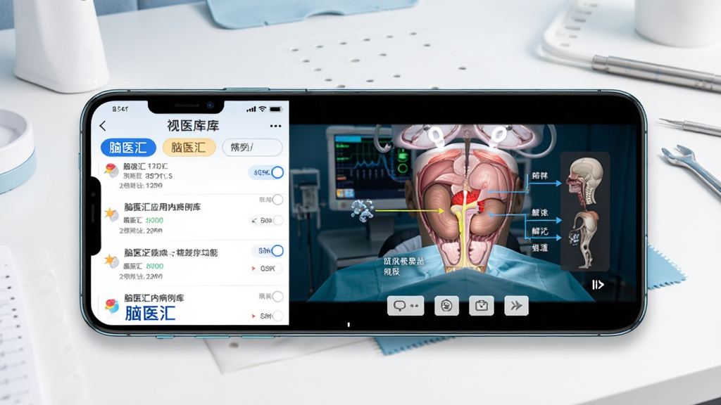 脑医汇应用内病例库与视频学习功能界面展示图,画面以手机屏幕为主体,左侧展示病例列表与筛选标签,右侧展示手术视频播放界面与解剖标注工具,背景为干净的白色工作台,风格科技感与医学感结合,画质清晰,干净,无多余元素,图片中文字为“脑医汇”