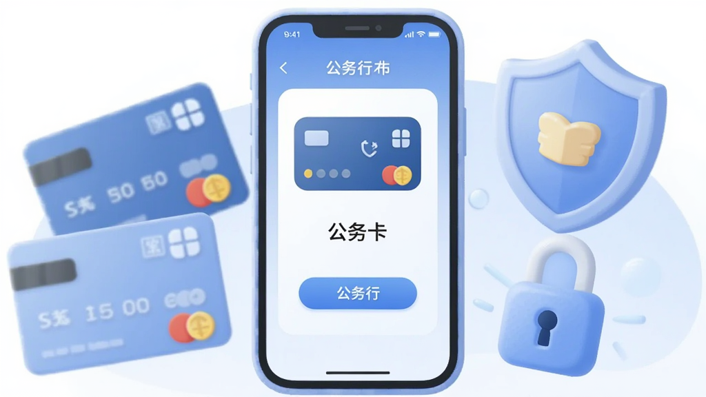 画面中心是一部手机,屏幕显示公务卡绑定界面,周围环绕银行卡、盾牌、锁等安全元素,象征资金安全与便捷支付。采用柔和圆角风格,浅蓝色调,画面中标注