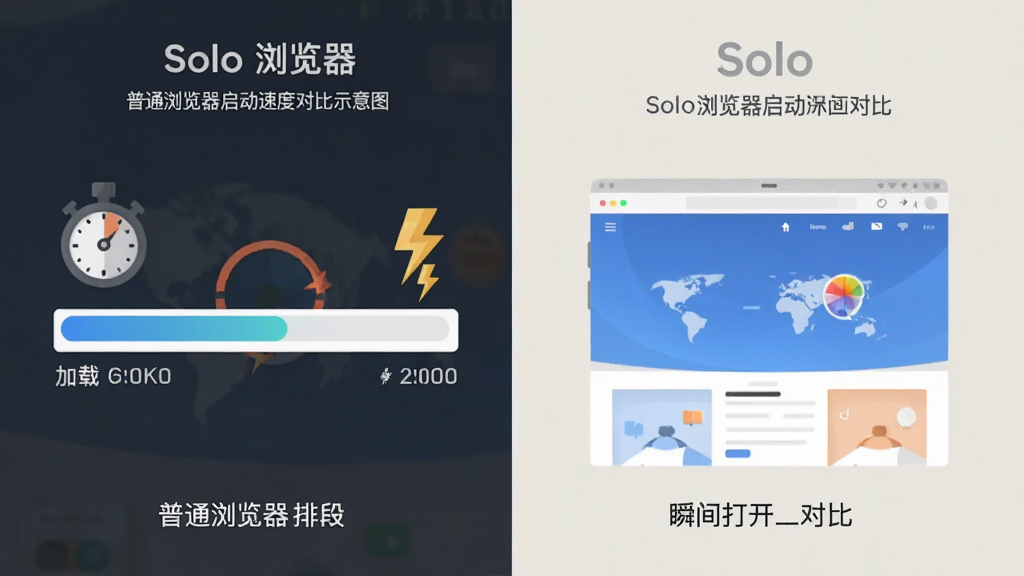 主体为Solo浏览器启动速度对比示意图,布局为左右分屏展示,排版为左侧普通浏览器加载进度条与右侧Solo浏览器瞬间打开页面对比,风格为扁平化信息图,细节包含秒表图标、闪电符号、进度条元素,画质为高清、干净、无多余元素