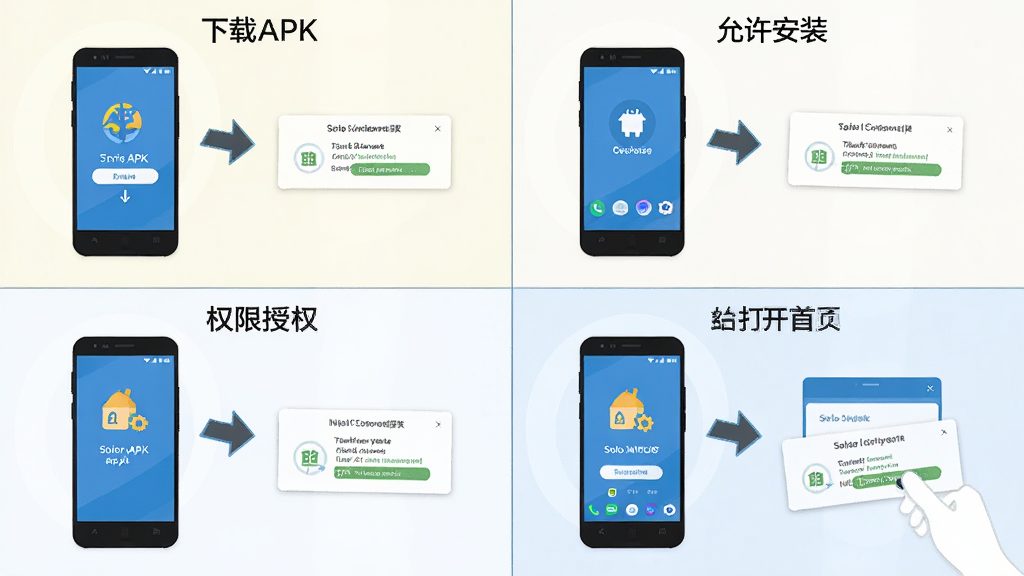 主体为Solo浏览器安卓手机安装与权限设置操作流程图,布局为四格分镜展示,排版为从上到下依次为下载APK、允许安装、权限授权、打开首页,风格为扁平化教程插图,细节包含手机图标、箭头指引、权限弹窗示意,画质为高清、干净、无多余元素