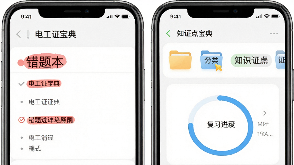 主体为手机界面展示错题本与知识点标签,布局采用上下分层排版,风格为简约学习工具风,细节包括红色错题标记、
