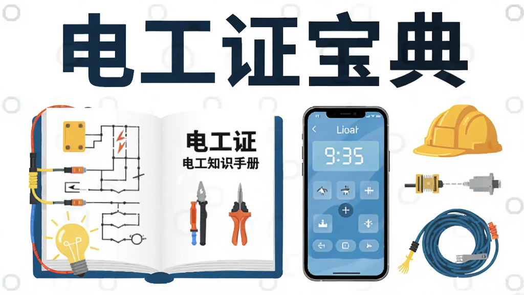 主体为一本翻开的电工知识手册与手机屏幕并列摆放,布局采用左右对称构图,排版上软件名称