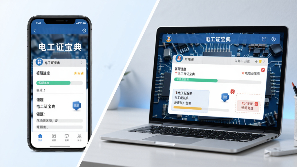 主体为手机与电脑屏幕同步显示电工证宝典刷题界面,布局采用对角线构图,排版上左侧手机右侧电脑,风格为现代科技学习场景,细节包括